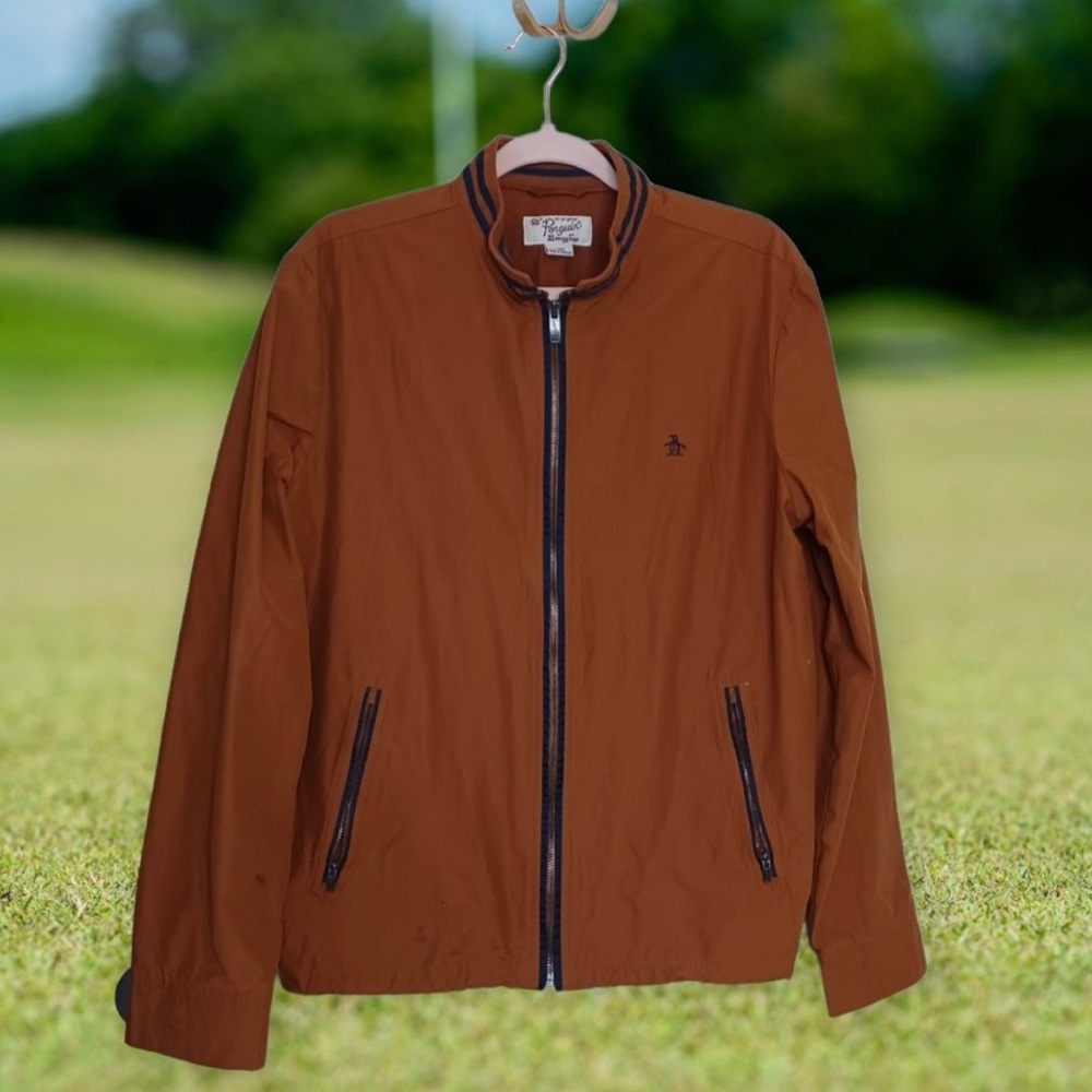 ORIGINAL PENGUIN men's Size Large rusty Autumn brown windbreaker golf Y2k